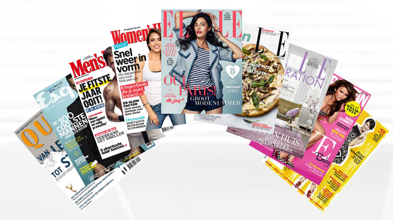 De afbeelding toont een selectie van verschillende magazines, waaronder titels zoals Men's Health, Women's Health, Elle, Elle Decoration, en Glamour.